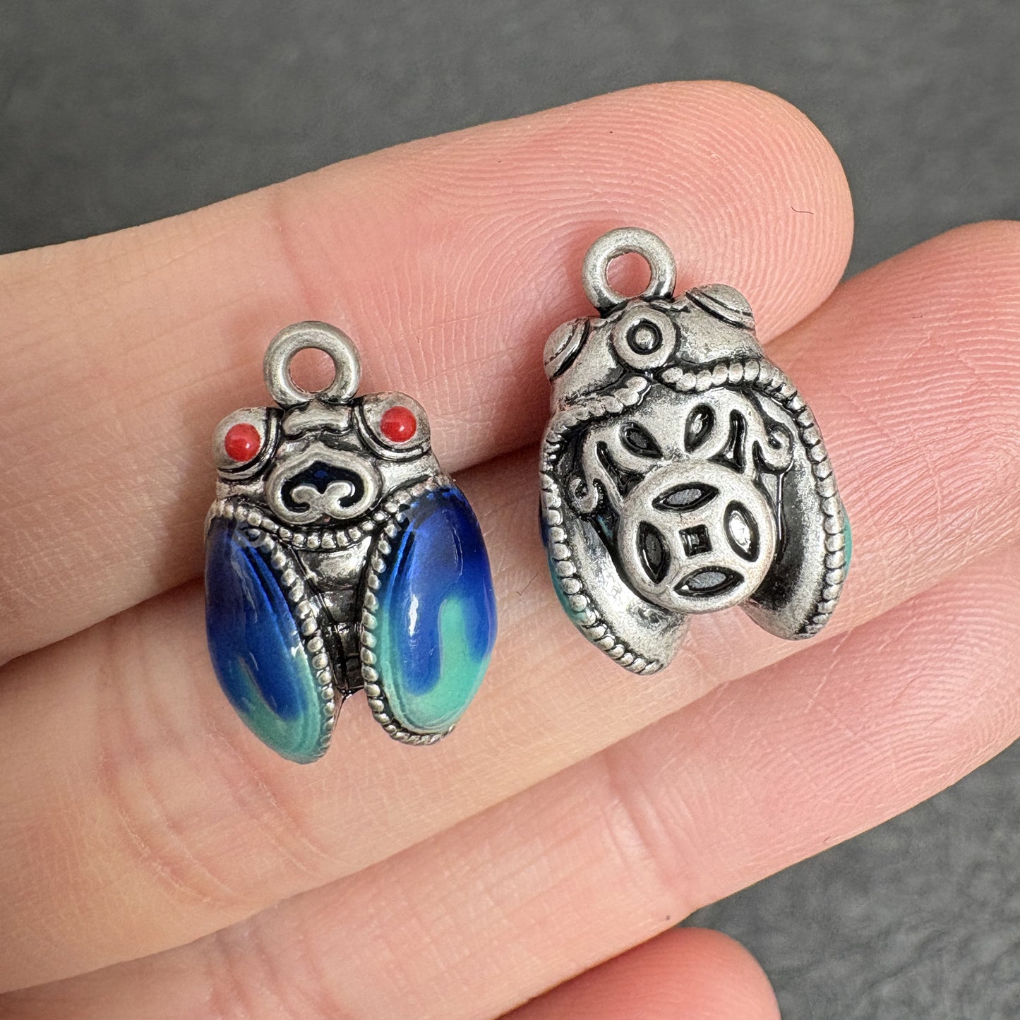 2PCS Cicada Pendants for Necklace, Tibetan Silver with Enamel, Symbol of Renewal and Success, Boho Jewelry Charm