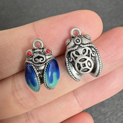 2PCS Cicada Pendants for Necklace, Tibetan Silver with Enamel, Symbol of Renewal and Success, Boho Jewelry Charm