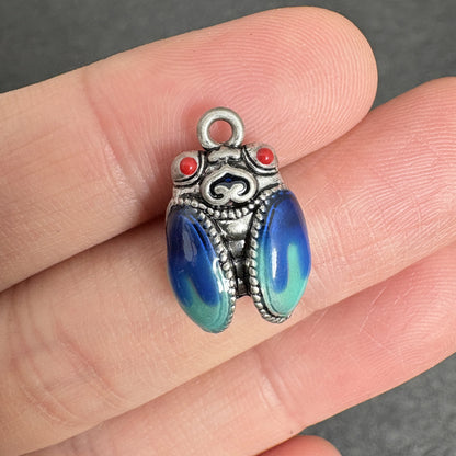 2PCS Cicada Pendants for Necklace, Tibetan Silver with Enamel, Symbol of Renewal and Success, Boho Jewelry Charm