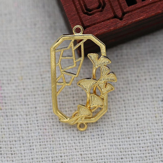 2PCS 24K Gold Plated Ginkgo Leaf Pendant, Geometric Brass Charm for DIY Jewelry, Chinese Style Openwork Connector