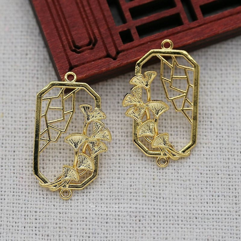 2PCS 24K Gold Plated Ginkgo Leaf Pendant, Geometric Brass Charm for DIY Jewelry, Chinese Style Openwork Connector