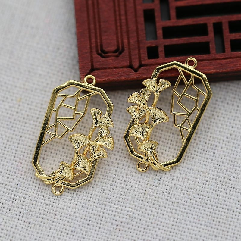 2PCS 24K Gold Plated Ginkgo Leaf Pendant, Geometric Brass Charm for DIY Jewelry, Chinese Style Openwork Connector