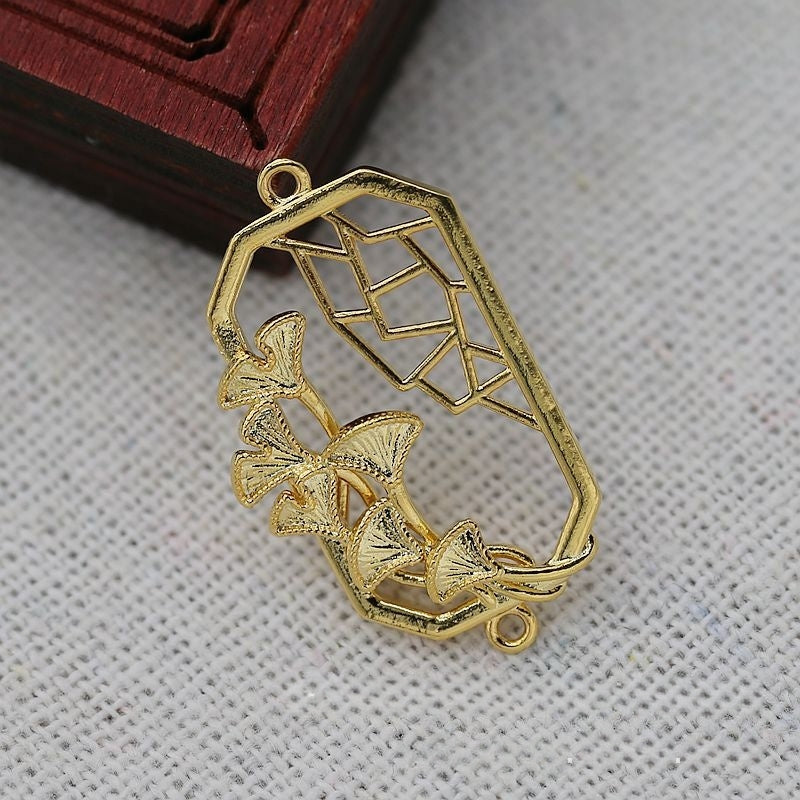 2PCS 24K Gold Plated Ginkgo Leaf Pendant, Geometric Brass Charm for DIY Jewelry, Chinese Style Openwork Connector