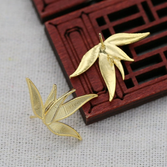 1 Pair 24K Gold Plated Bamboo Leaf Earrings 29x19mm, Brass Studs for DIY Jewelry, Chinese Style Earring Findings