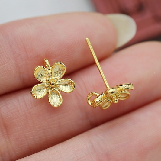 24K Gold Plated Flower Stud Earrings with Hooks, DIY Jewelry Findings with Dangles, Handmade Brass Earrings （ 1 pair ））