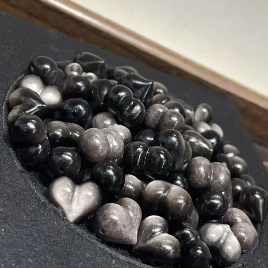 Silver Obsidian Peach Heart Pendant, Natural Gemstone Love Charm for Jewelry Making