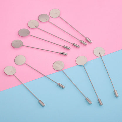10PCS DIY Jewelry Brooch Pins - Stainless Steel Long Disk Pin with Stopper (Cabochon Compatible)