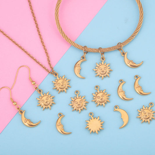 10PCS Whimsical Smile Sun Moon Pendant - Stainless Steel Casting, DIY Accessory for Handmade Necklaces