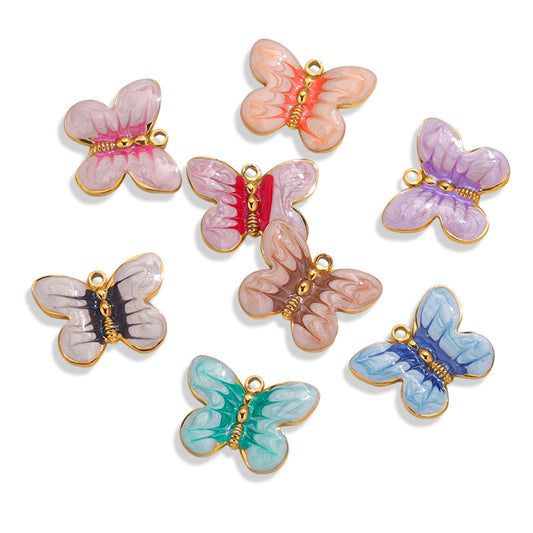 Stainless Steel Cartoon Butterfly Pendants | Enamel Coating & Vacuum Gold-Plated, DIY Accessories for Bags & Handmade Jewelry