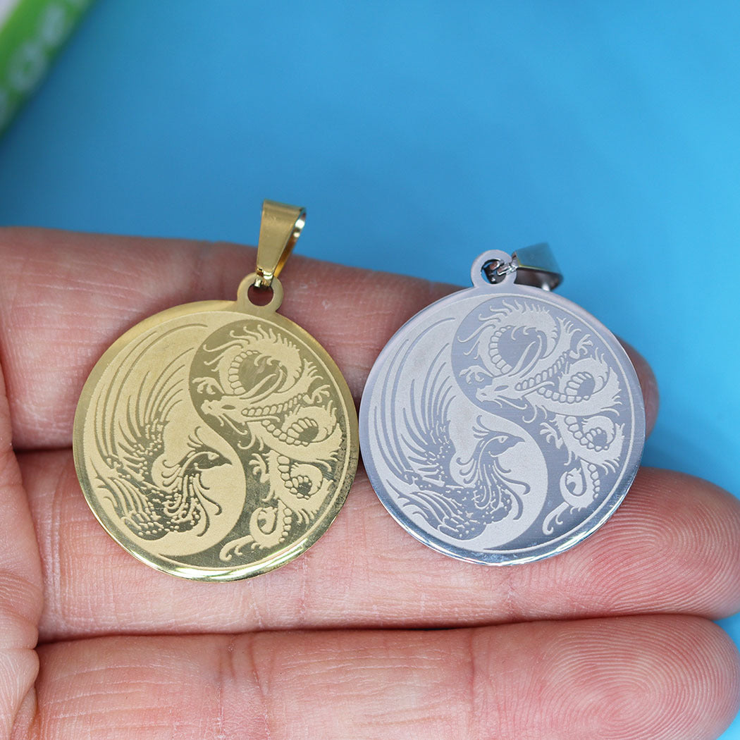 Stainless Steel Yin Yang Red Dragon Phoenix Pendant - Colorful DIY Jewelry Supplies for Custom Necklaces/Bracelets