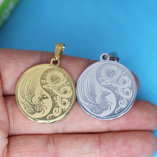 Stainless Steel Yin Yang Red Dragon Phoenix Pendant - Colorful DIY Jewelry Supplies for Custom Necklaces/Bracelets