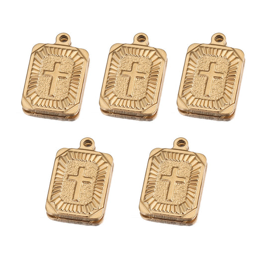 Stainless Steel Rectangular Cross Pendant | Radiating Pattern & Vacuum Plating, DIY Hip Hop Punk Jewelry Charm