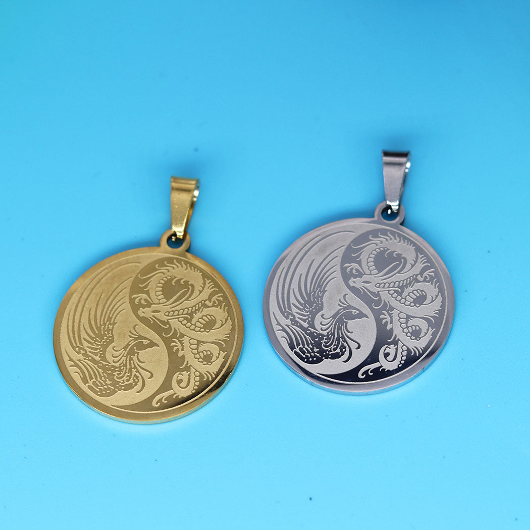 Stainless Steel Yin Yang Red Dragon Phoenix Pendant - Colorful DIY Jewelry Supplies for Custom Necklaces/Bracelets