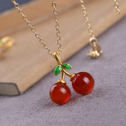 Natural Agate Cherry Pendant, Red Agate Fruit Charm for DIY Necklace, Bracelet, Earring Jewelry Making Supplies