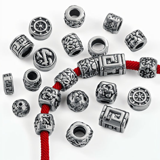 Vintage Blackened Stainless Steel Beads - Six-Word Mantra & Swastika Pattern for DIY Bracelet, Titanium Steel Stringing Beads