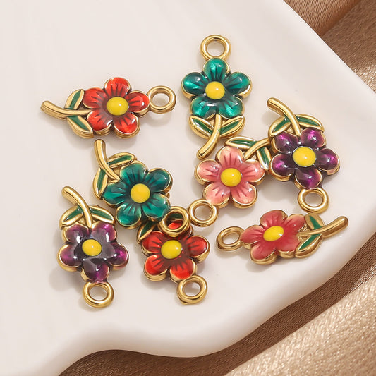 Stainless Steel Cute Flower Charms | Double-Sided Enamel Pendants, DIY Accessories for Bracelets, Necklaces & Earrings