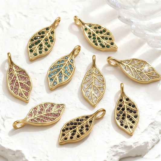Rhinestone Leaf Pendant, Stainless Steel Micro-Pave Leaf Charm for DIY Jewelry, Bracelets & Necklaces