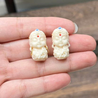 Hand-Carved Ivory Nut Tara Bead | Buddhist Deity Charm for Bracelet/Necklace | Spiritual Jewelry Component