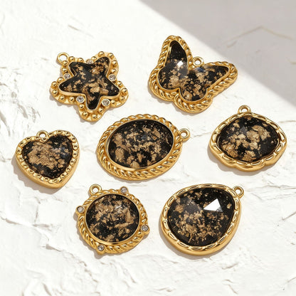 Vintage Black & Gold Foil Stainless Steel Pendant, Butterfly Star Heart Charms for DIY Jewelry, Bracelets & Necklaces