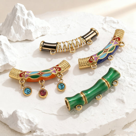 Vintage Ethnic Enamel Curved Tube Charms - Bamboo-Style Stainless Steel Bracelet Connection Tubes | DIY Jewelry Accessories