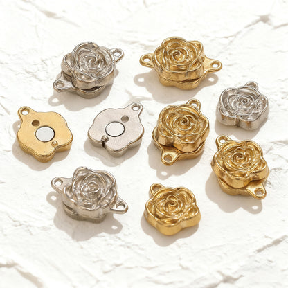 Stainless Steel Rose Magnetic Clasp, Vacuum Gold Plated Flower End Clasp, DIY Bracelet Necklace Jewelry Making Supplies