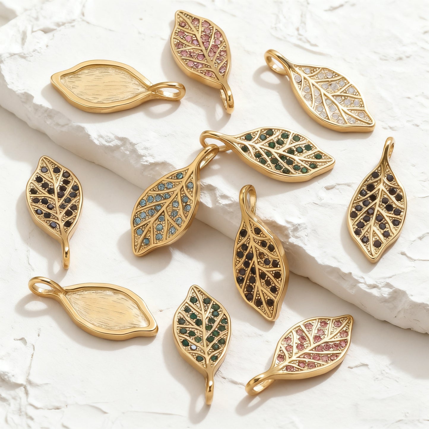 Rhinestone Leaf Pendant, Stainless Steel Micro-Pave Leaf Charm for DIY Jewelry, Bracelets & Necklaces