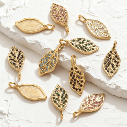 Rhinestone Leaf Pendant, Stainless Steel Micro-Pave Leaf Charm for DIY Jewelry, Bracelets & Necklaces