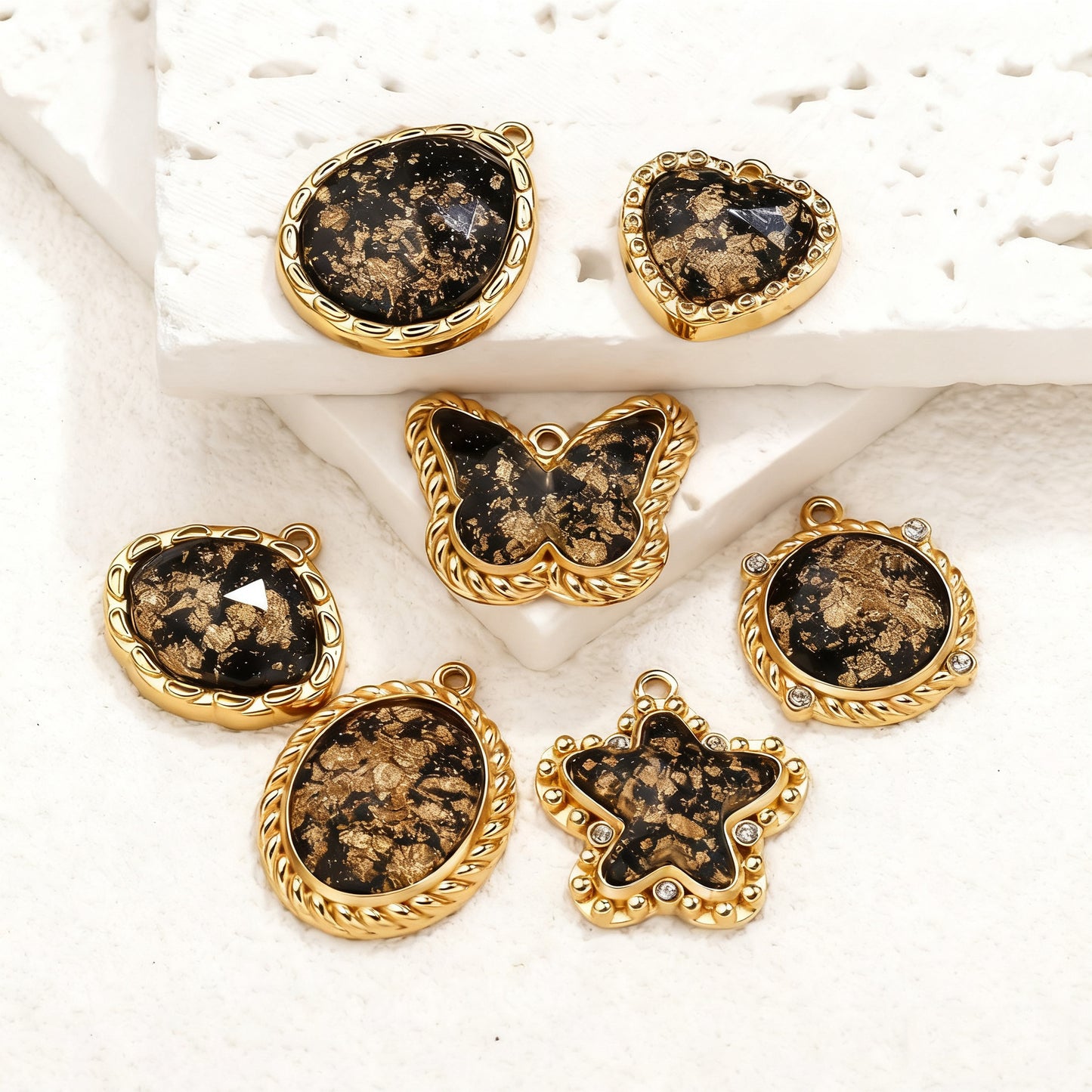 Vintage Black & Gold Foil Stainless Steel Pendant, Butterfly Star Heart Charms for DIY Jewelry, Bracelets & Necklaces