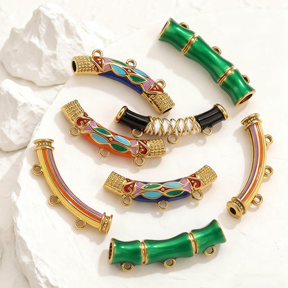 Vintage Ethnic Enamel Curved Tube Charms - Bamboo-Style Stainless Steel Bracelet Connection Tubes | DIY Jewelry Accessories