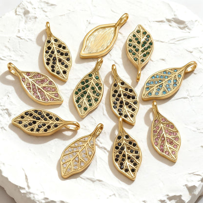 Rhinestone Leaf Pendant, Stainless Steel Micro-Pave Leaf Charm for DIY Jewelry, Bracelets & Necklaces