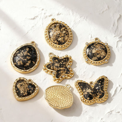Vintage Black & Gold Foil Stainless Steel Pendant, Butterfly Star Heart Charms for DIY Jewelry, Bracelets & Necklaces