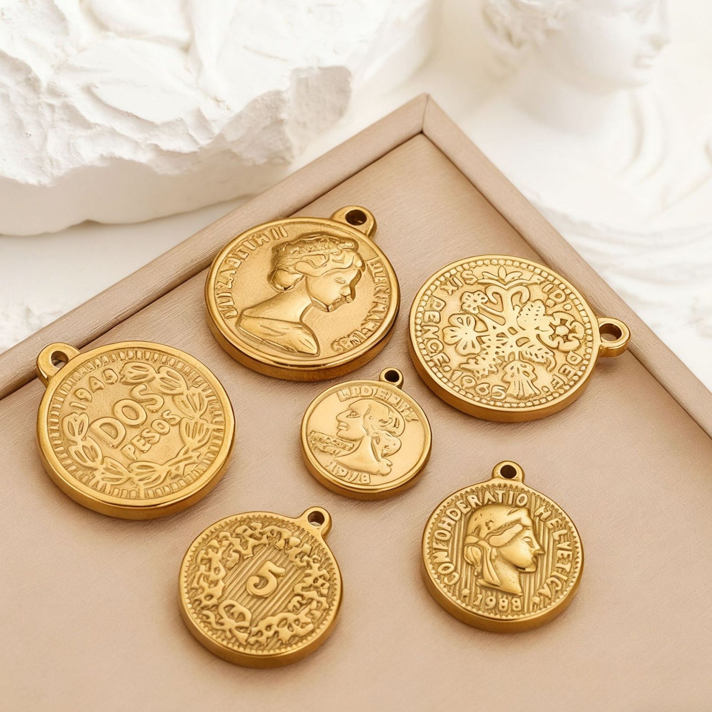 2PCS Vintage Embossed Portrait Coin Pendant, European Queen & Madonna Stainless Steel Charm, DIY Necklace Jewelry Making Accessory