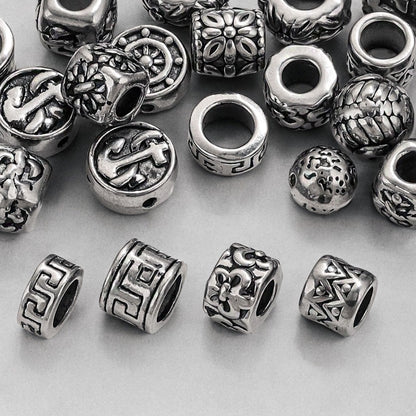 Vintage Blackened Stainless Steel Beads - Six-Word Mantra & Swastika Pattern for DIY Bracelet, Titanium Steel Stringing Beads