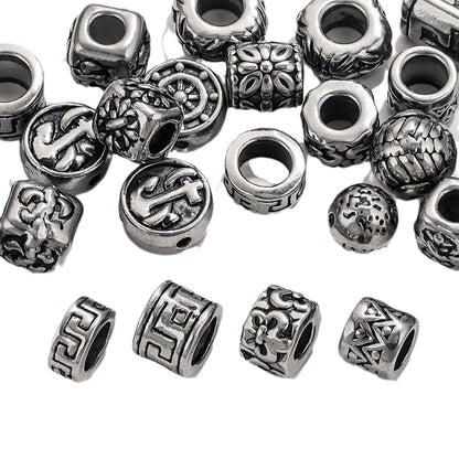 Vintage Blackened Stainless Steel Beads - Six-Word Mantra & Swastika Pattern for DIY Bracelet, Titanium Steel Stringing Beads