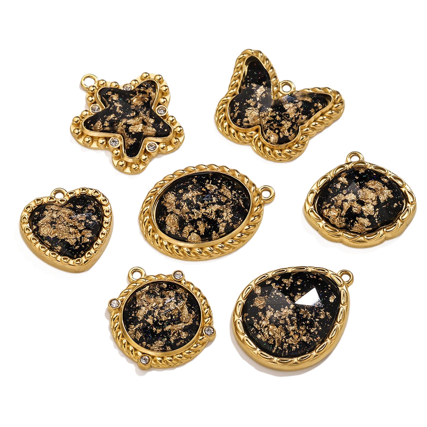 Vintage Black & Gold Foil Stainless Steel Pendant, Butterfly Star Heart Charms for DIY Jewelry, Bracelets & Necklaces