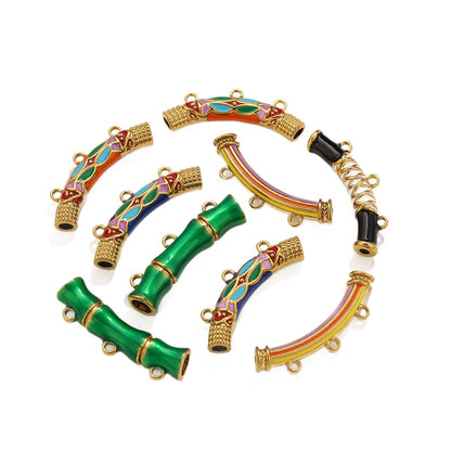 Vintage Ethnic Enamel Curved Tube Charms - Bamboo-Style Stainless Steel Bracelet Connection Tubes | DIY Jewelry Accessories