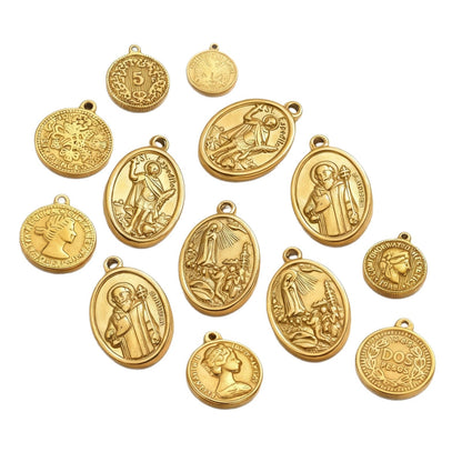 2PCS Vintage Embossed Portrait Coin Pendant, European Queen & Madonna Stainless Steel Charm, DIY Necklace Jewelry Making Accessory