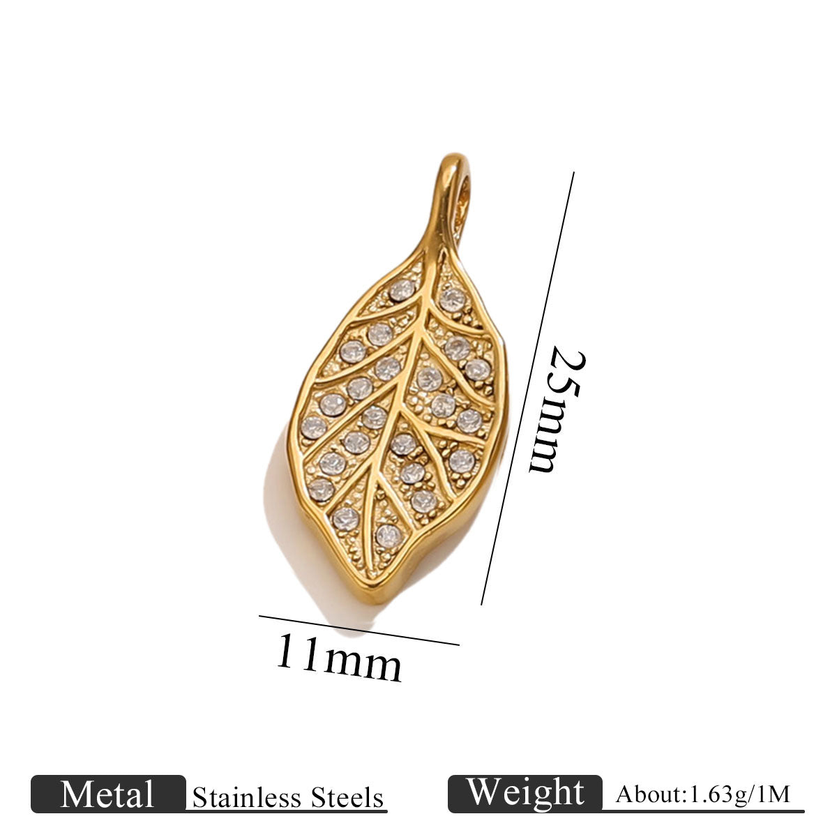 Rhinestone Leaf Pendant, Stainless Steel Micro-Pave Leaf Charm for DIY Jewelry, Bracelets & Necklaces