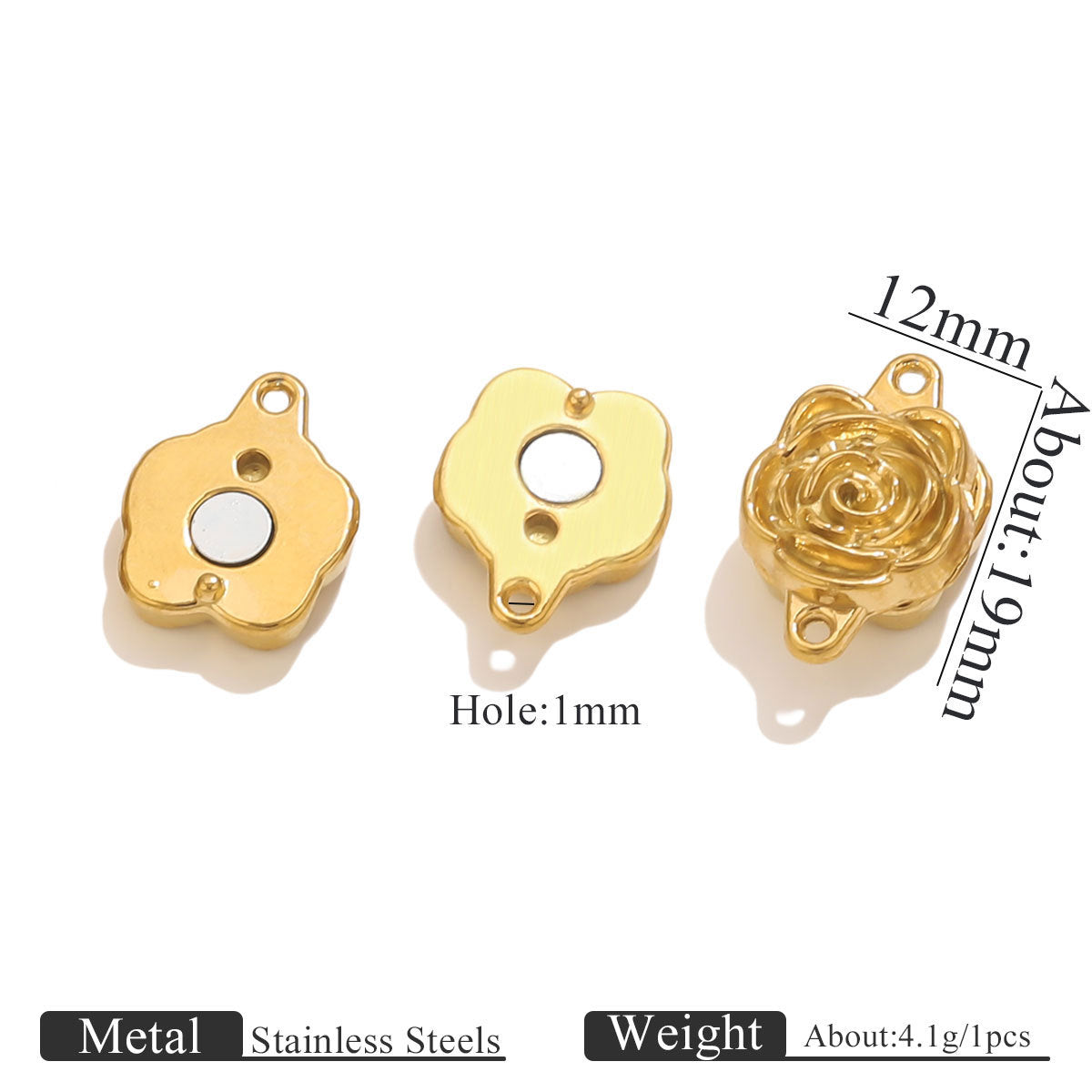 Stainless Steel Rose Magnetic Clasp, Vacuum Gold Plated Flower End Clasp, DIY Bracelet Necklace Jewelry Making Supplies