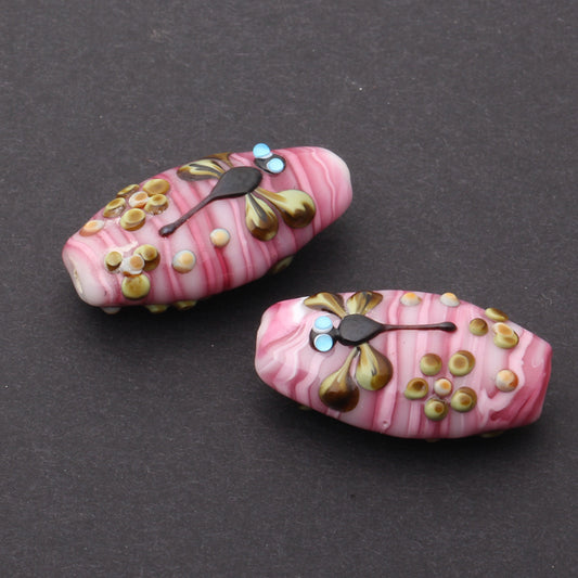 Murano Handmade Pink Glass Beads with Dragonfly, Butterfly & Flower, Custom DIY Jewelry Components
