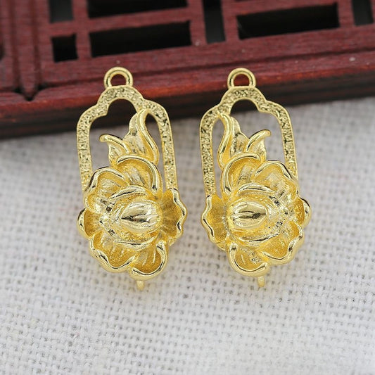 2PCS 24K Gold Plated Brass Lotus Connector Charm 11x21mm, Double-Hole DIY Focal Pendant, Fade-Resistant Hairpin Headdress Finding for Chinese Style Jewelry