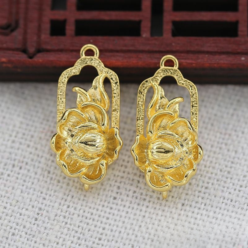 2PCS 24K Gold Plated Brass Lotus Connector Charm 11x21mm, Double-Hole DIY Focal Pendant, Fade-Resistant Hairpin Headdress Finding for Chinese Style Jewelry