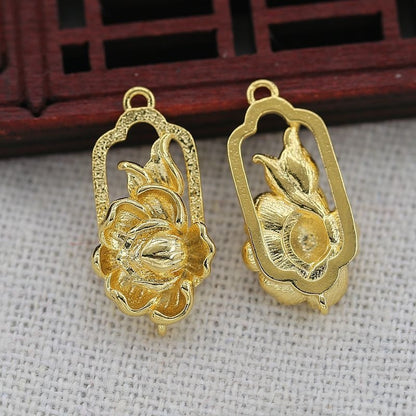 2PCS 24K Gold Plated Brass Lotus Connector Charm 11x21mm, Double-Hole DIY Focal Pendant, Fade-Resistant Hairpin Headdress Finding for Chinese Style Jewelry