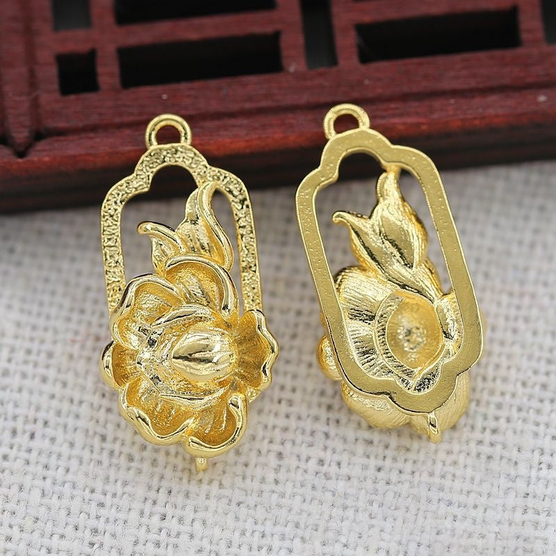 2PCS 24K Gold Plated Brass Lotus Connector Charm 11x21mm, Double-Hole DIY Focal Pendant, Fade-Resistant Hairpin Headdress Finding for Chinese Style Jewelry