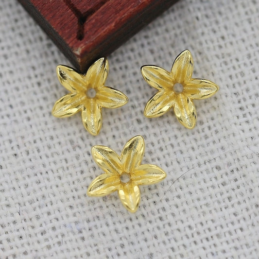 4PCS 8.5mm 24K Gold Plated 3D Five-Petal Flower Bead Cap | Brass Floral Jewelry Findings for DIY Accessories