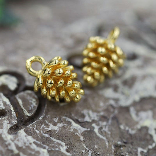 24K Gold Plated Brass Pinecone Charm, 12x8mm Pine Cone Pendant Connector, DIY Jewelry Findings for Necklace Bracelet Earrings