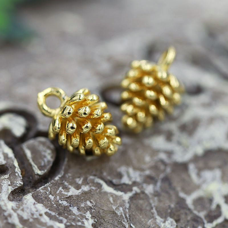 24K Gold Plated Brass Pinecone Charm, 12x8mm Pine Cone Pendant Connector, DIY Jewelry Findings for Necklace Bracelet Earrings