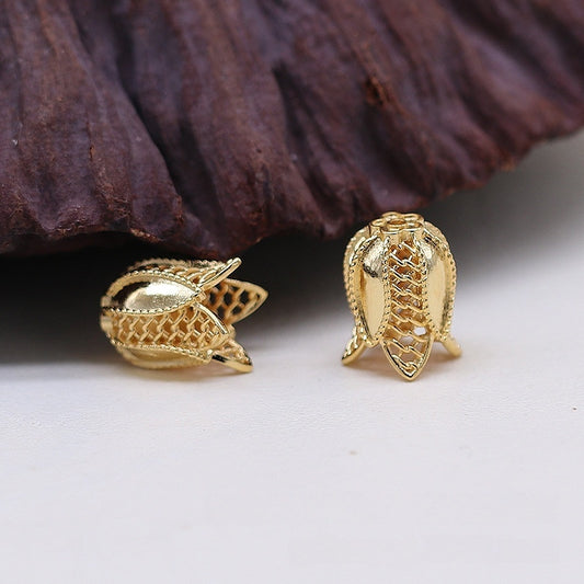 24K Gold Plated Brass Flower Bead Cap Pendant | Floral Cone Charm for Hanfu Hairpin, Necklace, Earring DIY Jewelry Making