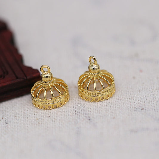 2PCS 24K Gold Plated Brass Tassel Bead Cap Charm 11x12mm, Fade-Resistant DIY Flower End Cap for Hairpins, Earrings, and Chinese Style Jewelry