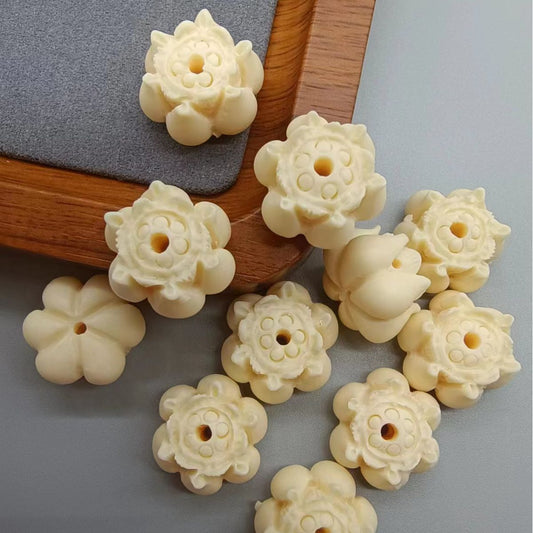 3D Carved Tagua Lotus Beads DIY Bracelet, Cute Bodhi Seed Handmade Jewelry, Eco-Friendly Spiritual Accessory